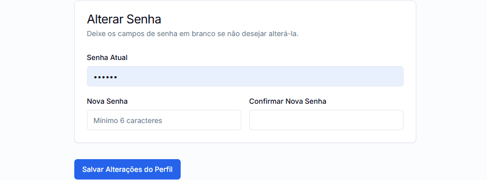 Campos para alteração de senha.