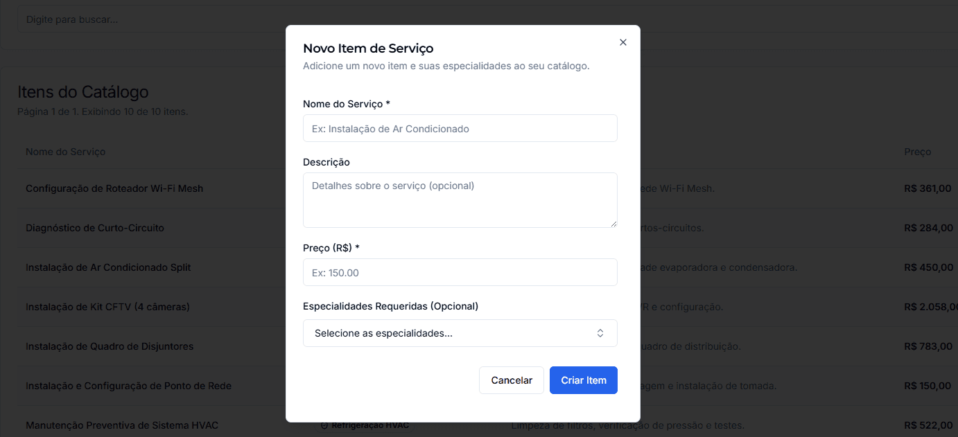 Formulário de cadastro de novo item de serviço.